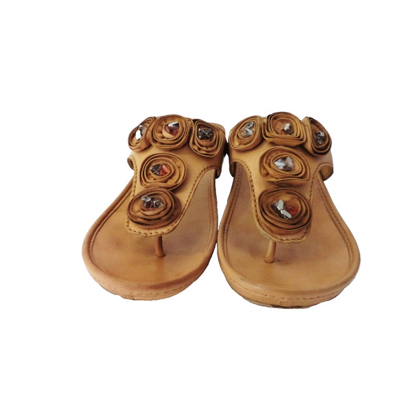 B MAKOWSKY JENA SZ 8M LT BROWN SMOOTH LEATHER WEDGE THONG T-STRAP SANDAL SHOE - Picture 5 of 8